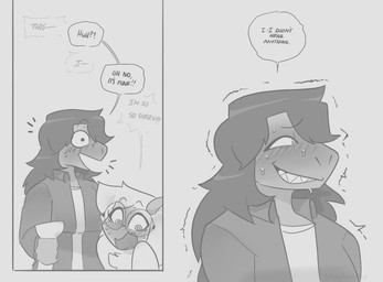 ambiguous_gender anthro apology blush blush_lines bodily_fluids breasts clothed clothing dialogue dishonesty duo embarrassed eyewear female fur glasses hair holding_object horn long_hair mostly_offscreen_character nervous nervous_smile non-mammal_breasts nude shaking spiral spiral_eyes sweat averysweatyboy deltarune undertale_(series) ralsei susie_(deltarune) bovid caprine darkner goat mammal reptile scalie comic male_(lore)