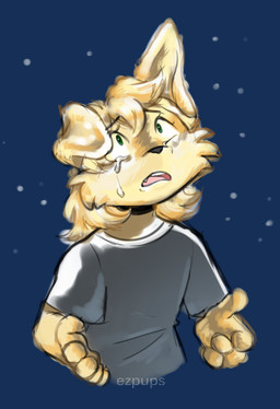 ambiguous_gender anthro bangs black_nose bodily_fluids cheek_tuft clothed clothing crying eyebrows facial_tuft floppy_ears frown fur hair kemono open_mouth shirt solo t-shirt tan_body tan_fur tears topwear tuft wide_eyed ezpups myth_(ezpups) canid canine canis domestic_dog fox hybrid mammal alpha_channel