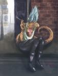 boots cigar city clothing femboy footwear leather looking_at_viewer makeup shoes sitting streets tongue tongue_out urban vandclash noosha asian_water_monitor lizard monitor_lizard reptile scalie 2020 absurd_res hi_res watermark