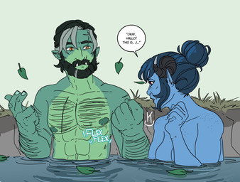 abs accessory arm_hair bathing beard big_breasts black_hair black_lips blue_background blue_body blue_hair blue_skin body_hair breasts chest_hair cleavage clothed clothing convenient_censorship curved_horn dialogue duo ear_piercing ear_ring eyebrows eyelashes facial_hair fangs female flexing freckled_breasts freckles furgonomics grass green_body green_skin grey_hair grey_highlights hair hair_bun highlights_(coloring) horn horn_accessory hot_spring humanoid_pointy_ears leaf lips male muscular muscular_male mustache nipples open_mouth orange_eyes piercing plant pointy_ears pupils rear_view red_eyes ring_piercing scar simple_background slit_pupils speech_bubble teeth text water kanekuo critical_role fjord_stone jester_lavorre humanoid orc tiefling hi_res