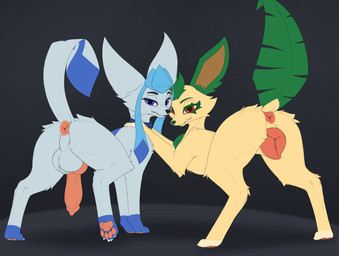 animal_genitalia animal_penis animal_vulva anus balls blue_body blue_fur butt canine_genitalia canine_penis canine_vulva duo erection female feral fur genitals jack_and_jill looking_at_viewer looking_back male pawpads penis presenting presenting_anus presenting_balls presenting_hindquarters presenting_penis presenting_vulva raised_tail simple_background tail vulva yellow_body yellow_fur redeye nintendo pokemon canid canine eeveelution generation_4_pokemon glaceon leafeon mammal pokemon_(species) absurd_res digital_media_(artwork) hi_res