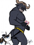 anthro anthro_on_anthro butt clothed clothing dessert doughnut duo empty_eyes food horn jockstrap looking_back male male/male muscular muscular_male nipples officer pastry pecs simple_background size_difference standing topless underwear white_background bgn coppertone_(sunscreen) disney mythology zootopia chief_bogo coppertone_girl bovid bovine cape_buffalo equid equine mammal mythological_creature mythological_equine unicorn 2015