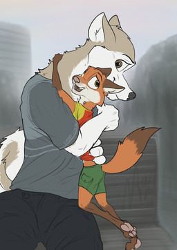 anthro brown_eyes city city_background duo ears_back hug male male/male park pivoted_ears size_difference smile smiling_at_another smiling_at_partner young wolfyalex96 alaskan_malamute canid canine canis domestic_dog mammal nordic_sled_dog spitz hi_res