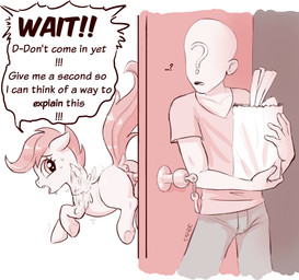 anatomically_correct anatomically_correct_genitalia anus bag bodily_fluids clothed clothing dialogue door door_handle doorknob doorway duo ellipsis embarrassed exclamation_point female feral flying genitals holding_object improvised_sex_toy key looking_back male object_in_pussy penetration question_mark questioning_ellipsis simple_background standing surprised sweat text vaginal vaginal_penetration vulva white_background wings young young_feral crade friendship_is_magic hasbro my_little_pony mythology anon scootaloo_(mlp) equid equine human mammal mythological_creature mythological_equine pegasus absurd_res english_text hi_res restricted_palette signature