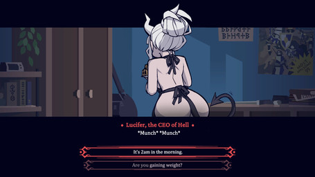 apron apron_only back_boob breasts butt clothing dialogue female food gameplay_mechanics hair horn inside long_hair mostly_nude not_furry pancake spade_tail tail text tied_hair white_hair krekk0v helltaker lucifer_(helltaker) demon horned_humanoid humanoid 16:9 english_text hi_res widescreen
