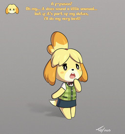 anthro biped blonde_hair blush blush_stickers bottomwear buckteeth cardigan clothed clothing dialogue dipstick_tail expression_avatar featureless_feet feet female flat_chested grey_background hair hair_bun hand_on_chin imminent_transformation markings nervous on_model open_mouth simple_background simple_eyes skirt solo standing stuttering tail tail_markings teeth text three-quarter_view toby_art animal_crossing nintendo isabelle_(animal_crossing) canid canine canis domestic_dog mammal shih_tzu toy_dog 2025 digital_drawing_(artwork) digital_media_(artwork) english_text full-length_portrait portrait signature