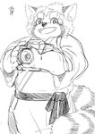 anthro asian_clothing biped camera clothing east_asian_clothing humanoid_hands japanese_clothing kemono simple_background solo white_background okoge_16 lifewonders tokyo_afterschool_summoners zhurong_(tas) ailurid mammal red_panda 2021 hi_res monochrome sketch