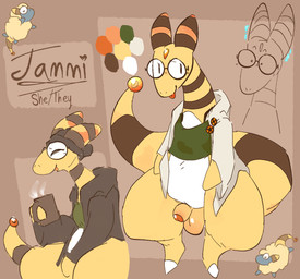 beverage clothed clothing coat coffee coffee_mug electricity eyewear feral flaccid foreskin genitals giggling glasses gynomorph intersex jacket lab_coat partially_clothed penis shirt small_penis solo tank_top topwear yellow_body catjamn nintendo pokemon jammi_(catjamn) ampharos generation_2_pokemon mareep pokemon_(species) 2025 hi_res model_sheet trans_(lore) trans_woman_(lore)
