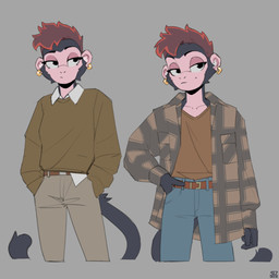 ambiguous_gender anthro belt black_body black_fur bottomwear brown_hair clothed clothing ear_piercing ear_ring flannel fully_clothed fur hair half-closed_eyes narrowed_eyes pants piercing pink_eyelids red_hair ring_piercing simple_background smile solo sweater topwear 427deer haplorhine mammal monkey primate 1:1 hi_res