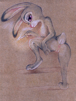 anthro anus butt cigarette claws dipstick_ears ear_markings female fur genitals grey_body grey_fur half-closed_eyes holding_cigarette holding_object innie_vulva looking_at_viewer looking_back looking_back_at_viewer multicolored_ears narrowed_eyes nude one_leg_up pink_nose presenting presenting_hindquarters purple_eyes raised_leg scut_tail short_tail simple_background solo tail vulva fuchs disney zootopia judy_hopps lagomorph leporid mammal rabbit absurd_res hi_res traditional_media_(artwork)