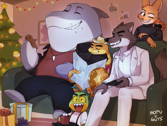 anthro box canon_couple carrying_another container eyes_closed female furniture gift_box gingerbread_man group happy holidays male on_shoulders on_sofa smile smiling_at_viewer sofa mofu_guys christmas dreamworks the_bad_guys diane_foxington mr._piranha_(the_bad_guys) mr._shark_(the_bad_guys) mr._snake_(the_bad_guys) mr._wolf_(the_bad_guys) ms._tarantula_(the_bad_guys) aquatic arachnid arthropod canid canine canis fish fox mammal reptile scalie shark snake spider wolf hi_res