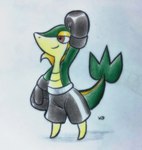 black_bottomwear black_boxing_gloves black_clothing black_handwear black_shorts bottomwear boxing boxing_gloves clothing green_body handwear kickboxing male martial_arts shorts solo sport vaultvulpine nintendo pokemon generation_5_pokemon pokemon_(species) snivy hi_res