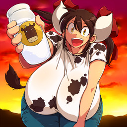 :d animal_print bent_arm big_breasts bottle bottomwear breasts brown_hair clothed clothing container cow_print denim denim_bottomwear denim_clothing extended_arm female hair hand_on_leg hand_on_own_leg hand_on_own_thigh hand_on_thigh holding_bottle holding_container holding_leg holding_object holding_thigh horn huge_breasts jeans leaning leaning_forward leaning_on_self milk milk_bottle milk_container open_mouth pants ribbons shirt smile solo sunset tail tail_tuft teeth tongue topwear tuft yellow_eyes hataraki_ari sukimi_(hataraki) animal_humanoid bovid bovid_humanoid bovine bovine_humanoid cattle_humanoid horned_humanoid humanoid mammal mammal_humanoid tailed_humanoid 1:1 hi_res