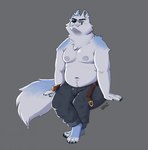 belly belt body_hair bottomwear canine_teeth chest_tuft claws clothed clothing digit_ring eyebrows fangs feet fluffy fluffy_tail fur happy_trail hindpaw jewelry looking_at_viewer male moobs musclegut muscular navel nipples open_belt overweight pants partially_clothed paws pecs ring shirtless sitting smile smirk smug solo tail teeth thick_thighs toe_claws toe_ring toes tuft tufted_ears white_body white_fur spyz_(artist) sleet_(spyz) arctic_fox canid canine fox mammal true_fox 2025 blue_and_white hi_res monochrome