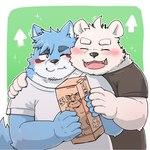 anthro biped blue_body blush clothing cute_fangs duo fangs hug hugging_another humanoid_hands kemono male male/male shirt slightly_chubby teeth topwear green_bell bear canid canine canis domestic_dog mammal 1:1 2024