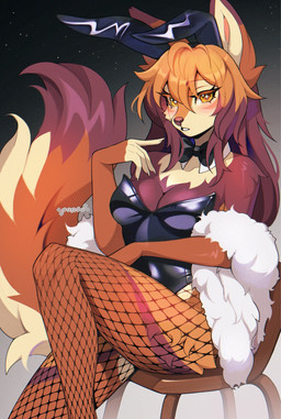 anthro bangs black_clothing black_leotard blush breasts clothing eyelashes fake_ears fake_rabbit_ears female fishnet_stockings fur hair leotard long_hair looking_at_viewer medium_breasts multicolored_body multicolored_fur multicolored_hair simple_background sitting snout solo tail yellow_eyes cepto_(artist) canid canine fox mammal 2026 colored digital_drawing_(artwork) digital_media_(artwork) hi_res shaded