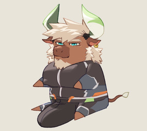 2_horns anthro beard big_bulge big_muscles big_pecs blue_eyes bodysuit brown_body brown_fur bulge chibi clothing ear_piercing ear_ring facial_hair feral fur hair horn huge_bulge huge_pecs hyper hyper_bulge male muscular nipple_outline pecs piercing ring_piercing sideburns sitting skinsuit solo tight_clothing wetsuit white_beard white_facial_hair white_hair king_slabu dallawan bovid bovine cattle mammal hi_res