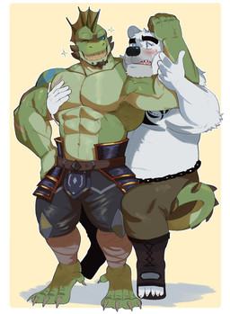 5_toes abs anthro arm_scar arm_tattoo armor barefoot belt biceps blue_eyes blue_tattoo blush bodily_fluids bottomwear chest_scar chest_tattoo chin_spikes clothed clothing duo embarrassed eye_contact eyebrows facial_spikes feet fin flexing flexing_bicep footwear frill_(anatomy) fur green_body grin hand_on_arm hand_on_chest head_crest head_fin head_frill head_on_arm jaw_spikes leg_wrap looking_at_another male muscular muscular_anthro muscular_male navel one_eye_closed pants partially_clothed pecs proud scar shadow shoes shoulder_tattoo simple_background smile sparkles spiked_tail spikes spikes_(anatomy) sweat tail tassets tattoo thick_eyebrows toeless_footwear toeless_shoes toes topless topless_anthro topless_male vein veiny_muscles white_body white_fur wink yellow_background fungiderg dungeons_and_dragons hasbro wizards_of_the_coast erenok_(kilyion) titan_(kilyion) bear lizardfolk_(dnd) lizardman mammal polar_bear scalie ursine 2025 absurd_res digital_media_(artwork) hi_res