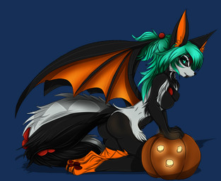 anthro apple bat_wings bottomwear claws clothed clothing clothing_lift female fluffy fluffy_tail food fruit gem holidays markings membrane_(anatomy) membranous_wings nude paws pearl_(gem) plant pumpkin raised_tail rear_view skirt skirt_lift submissive suggestive tail teasing topless topless_female wings snowiefeather halloween canid canine fox hybrid mammal alpha_channel