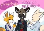 aggretsuko ailurid anthro canid canine clothed clothing cover cover_art cover_page electronics english_text female fennec_fox fenneko fox group haida_(aggretsuko) hyena jovo male mammal phone red_panda retsuko sanrio spotted_hyena story story_in_description text texting toxoglossa true_fox