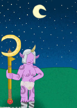 bandage bandaged_leg bodily_fluids breasts bulge clothed clothing diaper diaper_bulge diaper_only genital_fluids gesture grey_hair hair hand_gesture holding_object holding_staff horn moon night pointing pointing_at_crotch pointy_ears purple_body staff tattoo topless unclean_diaper urine used_diaper wearing_diaper wet_diaper wetness_indicator planttentacles league_of_legends riot_games tencent soraka animated loop