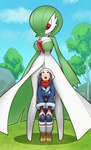 big_breasts blue_eyes blush breasts clothed clothing day duo female female/female green_hair hair larger_female not_furry outside plant red_eyes size_difference smaller_female standing tree loodncrood nintendo pokemon pokemon_legends_arceus akari_(pokemon) alpha_pokemon gardevoir generation_3_pokemon human mammal pokemon_(species) 2022 hi_res