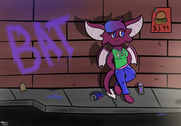 anthro barefoot bat_wings big_ears blue_bottomwear blue_clothing blue_eyes blue_pants bottomwear breasts clothed clothed_anthro clothed_female clothing feet female female_anthro front_view graffiti hair hands_behind_back membrane_(anatomy) membranous_wings mouth_closed paint pants shadow sidewalk solo spray_paint standing tail topwear wall_(structure) wings luminaryem dust:_an_elysian_tail magenta_(luminaryem) bat mammal nimbat 2025 digital_media_(artwork) hi_res