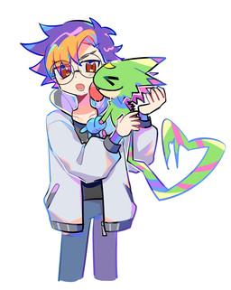 anthro bodily_fluids duo eyewear gesture glasses green_body hair licking male multicolored_hair red_eyes saliva tail tail_gesture tail_heart tongue tongue_out mar22826683 bandai_namco digimon digimon_beatbreak tomoro_tenma digimon_(species) gekkomon human mammal scalie hi_res