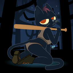 anthro baseball_bat bat_(object) bra clothing female footwear forest forest_background panties plant shoes sky sports_bra star starry_sky tree underwear dm29 night_in_the_woods mae_borowski domestic_cat felid feline felis mammal 1:1