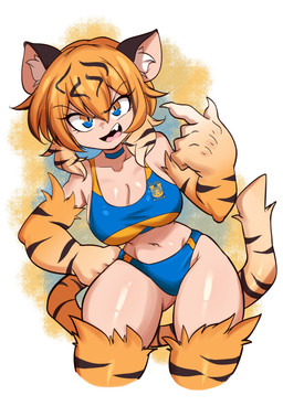 bikini blue_choker blue_jewelry blue_necklace cat_tail choker claws clothing female fur hair jewelry multicolored_eyes navel necklace orange_body orange_fur orange_hair solo stripes swimwear two-piece_swimsuit two_tone_bikini two_tone_eyes lucyfercomic animal_humanoid felid felid_humanoid humanoid mammal mammal_humanoid pantherine pantherine_humanoid tiger_humanoid absurd_res hi_res