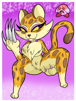 anthro big_breasts border breasts chest_fur claws countershading duo female leg_grab long_claws raised_leg thick_thighs white_border bomba_world12 kirby_(series) kirby_and_the_forgotten_land nintendo clawroline kirby felid leopard mammal pantherine 3:4 hi_res