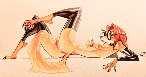 anthro clitoris clothing eyewear female genitals glasses gloves hair handwear latex legwear looking_at_viewer orange_body orange_hair pawpads pubes slim small_waist solo stockings touching_nipple tlen_borowski illumination_entertainment sing_(movie) suki_lane canid canine canis domestic_dog mammal absurd_res hi_res painting_(artwork) traditional_media_(artwork) traditional_painting_(artwork) traditional_watercolor_(artwork) watercolor_(artwork)