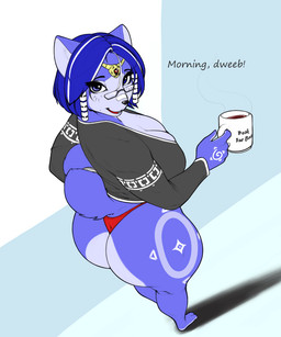 anthro bandage beverage big_breasts big_butt blue_body breasts butt cleavage clothed clothing coffee container cup curvy_figure dialogue ear_piercing ear_ring eyewear female gem glasses hair huge_butt jacket jewelry looking_at_viewer markings mature_female open_mouth partially_clothed piercing ring_piercing short_hair simple_background smile solo tattoo text thick_thighs thong topwear underwear voluptuous wide_hips conditional_dnp daserfomalhaut nintendo star_fox krystal_(star_fox) canid canine fox mammal 2021 5:6 digital_media_(artwork) english_text hi_res