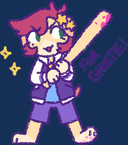 ambiguous_gender anthro baseball_bat bat_(object) blood blue_clothing blue_shirt blue_topwear bodily_fluids bottomwear clothing fur jacket letterman_jacket purple_bottomwear purple_clothing purple_shorts shirt shorts smile solo sparkles tan_body tan_fur topwear 90percentdenny 90_percent_studios purrfect_apawcalypse fan_character canid canine canis domestic_dog mammal alpha_channel character_request low_res