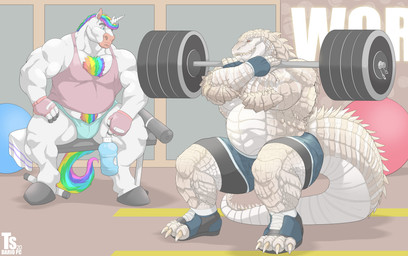 anthro barazoku barbell barbell_squats belly belly_hair bench big_muscles body_hair bottle bottomwear braided_hair bulge chest_hair claws clothing container duo exercise fingerless_gloves footwear gloves gym hair handwear hooves horn hotpants inside long_hair male multicolored_hair multicolored_tail musclegut muscular muscular_anthro muscular_male plantigrade pubes rainbow_hair rainbow_tail scales shirt shoes shorts sitting squats tail tank_top thick_thighs toeless_footwear toeless_shoes topwear water_bottle weight_bench weightlifting weights white_body white_scales workout tylerstark mythology glimmerstomp korboryn alligator alligatorid crocodilian equid equine mammal mythological_creature mythological_equine reptile scalie unicorn 2020 absurd_res hi_res