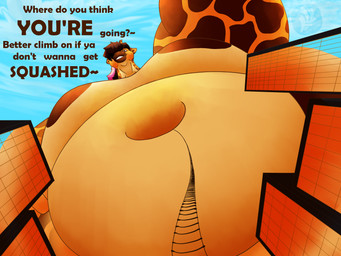 anthro belly big_belly big_breasts breasts building city countershading extreme_size_difference female first_person_view hair horn huge_breasts ladder long_neck looming looming_over low-angle_view macro navel nipples nude obese obese_anthro obese_female ossicone overweight overweight_anthro overweight_female rope rope_ladder simple_background size_difference sky smile smirk solo talking_to_viewer text thick_thighs worm's-eye_view fujiyama_samoyed lady_kubwa giraffe giraffid mammal 4:3 english_text hi_res shaded soft_shading