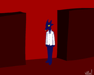 ambiguous_gender anthro blue_body blue_bottomwear blue_clothing blue_fur blue_pants bottomwear clothing fur neutral_expression pants red_background red_sky shirt simple_background sky solo standing topwear white_clothing white_shirt white_topwear yellow_eyes yellow_nose jwifos! canid canine fox mammal 5:4 watermark