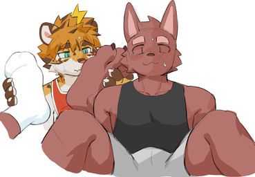 :3 anthro bangs black_clothing black_shirt black_topwear blush blush_lines bodily_fluids bottomwear brown_body brown_eyebrows brown_fur brown_hair brown_markings brown_nose cheek_tuft claws clothed clothed_male clothing collarbone cute_fangs duo embarrassed eyebrows facial_tuft fangs feet foot_fetish foot_grab footwear fully_clothed fully_clothed_male fur green_eyes hair head_tuft kemono looking_at_another male male/male male_anthro markings multicolored_hair one_sock one_sock_on orange_body orange_fur orange_hair pawpads paws pink_nose red_clothing red_shirt red_topwear shirt short_hair shorts simple_background sitting socks spots spotted_markings spread_legs spreading sweat tan_body tan_fur teeth thick_eyebrows toes topwear tuft two_tone_hair white_background white_bottomwear white_claws white_clothing white_pawpads white_shorts joeyzliaotang canid canine canis domestic_dog felid feline mammal colored colored_sketch digital_drawing_(artwork) digital_media_(artwork) hi_res shaded sketch