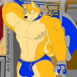 anthro axe blinking bouncing_bulge briefs bulge clothing ear_piercing ear_ring gate male muscular muscular_anthro muscular_male outside pecs piercing ring_piercing solo underwear weapon conditional_dnp notkastar canid canine canis domestic_dog mammal shiba_inu spitz 1:1 animated hi_res