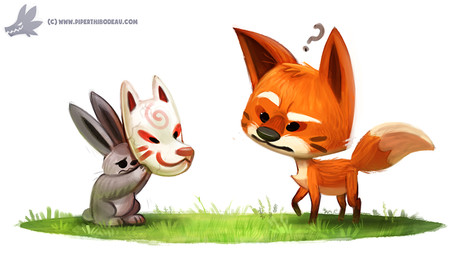 ambiguous_gender animal_mask beady_eyes black_body black_fur confusion duo feral fox_mask fur grass grey_body grey_fur mask plant question_mark red_body red_fur scared simple_background text whiskers white_background white_body white_fur piper_thibodeau canid canine fox lagomorph leporid mammal rabbit red_fox true_fox 2015 digital_media_(artwork) digital_painting_(artwork) painting_(artwork) url