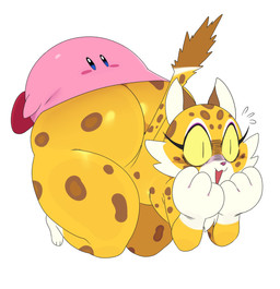 ambiguous_gender anthro big_butt big_mouth_(anatomy) blue_eyes blush blush_stickers body_in_mouth bubble_butt butt chest_tuft countershading dipstick_tail duo eyelashes feet female female_anthro fur gloves_(marking) hand_on_face huge_butt humor kneeling leg_markings markings mouth_on_butt open_mouth orange_body orange_fur pink_body pink_nose pupils simple_background slit_pupils socks_(marking) spots spotted_body spotted_fur surprised tail tail_markings thick_thighs tuft white_background yellow_sclera sssonic2 kirby_(series) kirby_and_the_forgotten_land nintendo clawroline kirby alien felid leopard mammal pantherine waddling_head 2022 absurd_res digital_media_(artwork) hi_res
