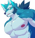 abs absurd_res anthro canid canine canis fur green_eyes hi_res male mammal muscular muscular_anthro muscular_male nipples pecs simple_background solo tsukigata_rossi white_background wolf