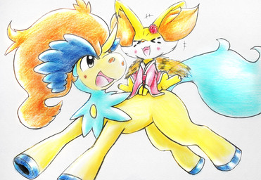 ambiguous_gender black_eyes blush blush_lines clothed clothed_feral clothing duo eyes_closed feral flower_accessory fur happy hooves horn inner_ear_fluff kemono mane motion_blur open_mouth orange_body orange_fur paws riding_on_back simple_background sitting size_difference tail tail_motion tailwag tongue tuft white_body white_fur yellow_body eiroru nintendo pokemon canid canine equid equine fennekin generation_5_pokemon generation_6_pokemon keldeo keldeo_(ordinary_form) legendary_pokemon mammal pokemon_(species) 2026 graphite_(artwork) hi_res traditional_media_(artwork)