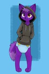 anthro clean_diaper clothed clothing diaper hand_in_pocket hoodie looking_at_viewer male pockets simple_background solo topwear wearing_diaper hammymushpants rei_(restrixc) canid canine fox mammal hi_res