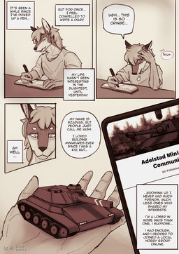 accessory anthro book dialogue ear_piercing ear_ring electronics fangs hair long_hair male phone piercing ring_piercing simple_background solo speech_bubble tank_(vehicle) teeth text vehicle writing_text litehase vash_(litehase) deer mammal moschid musk_deer comic english_text hi_res monochrome