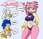accessory amy_rose anthro bikini blush bodily_fluids breasts canid canine cleavage cleavage_cutout clothed clothing contest curvy_figure cutout darkwolfhybrid dialogue english_text eulipotyphlan female female_focus flirting fox group hand_on_hip headband heart_symbol hedgehog hi_res keyhole_bikini male mammal midriff miles_prower sega silver_the_hedgehog solo_focus sonic_the_hedgehog sonic_the_hedgehog_(series) sweat sweatdrop swimwear text