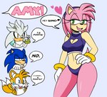 accessory anthro bikini blush bodily_fluids breasts cleavage cleavage_cutout clothed clothing contest curvy_figure cutout dialogue female female_focus flirting group hand_on_hip headband heart_symbol keyhole_bikini male midriff solo_focus sweat sweatdrop swimwear text two-piece_swimsuit darkwolfhybrid sega sonic_the_hedgehog_(series) amy_rose miles_prower silver_the_hedgehog sonic_the_hedgehog canid canine eulipotyphlan fox hedgehog mammal 2021 english_text hi_res