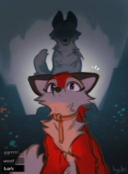 blue_eyes chest_tuft duo female feral male neck_tuft red_body rope_around_neck simple_background speech_bubble surprised tuft hyilpi microsoft minecraft mojang xbox_game_studios vixy_(hyilpi) canid canine canis fox mammal wolf
