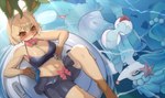 anthro big_breasts blush breasts cleavage clothed clothing duo eyelashes female inflatable inner_tube midriff navel partially_submerged smile water mmbct01 nintendo pokemon eeveelution generation_4_pokemon generation_7_pokemon leafeon pokemon_(species) primarina 2023 hi_res