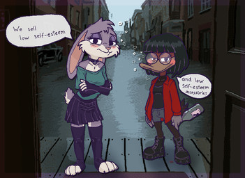 alley anthro boots bottle bottomwear choker clothed clothing container crossed_arms duo eyewear female footwear glasses gloves handwear holding_bottle holding_container holding_object jacket jewelry legwear looking_at_another necklace night shoes skirt speech_bubble standing sweater text thigh_highs topwear urban ircluzar violet_bunny anatid anseriform avian bird duck lagomorph leporid mammal rabbit colored digital_media_(artwork) hi_res pixel_(artwork) shaded